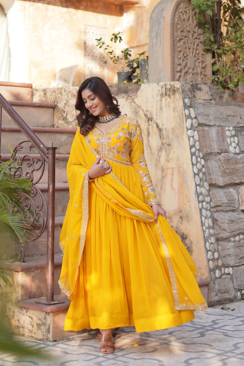 Magnificent Faux Georgette Zari Sequins Embroidered Gown With Dupatta