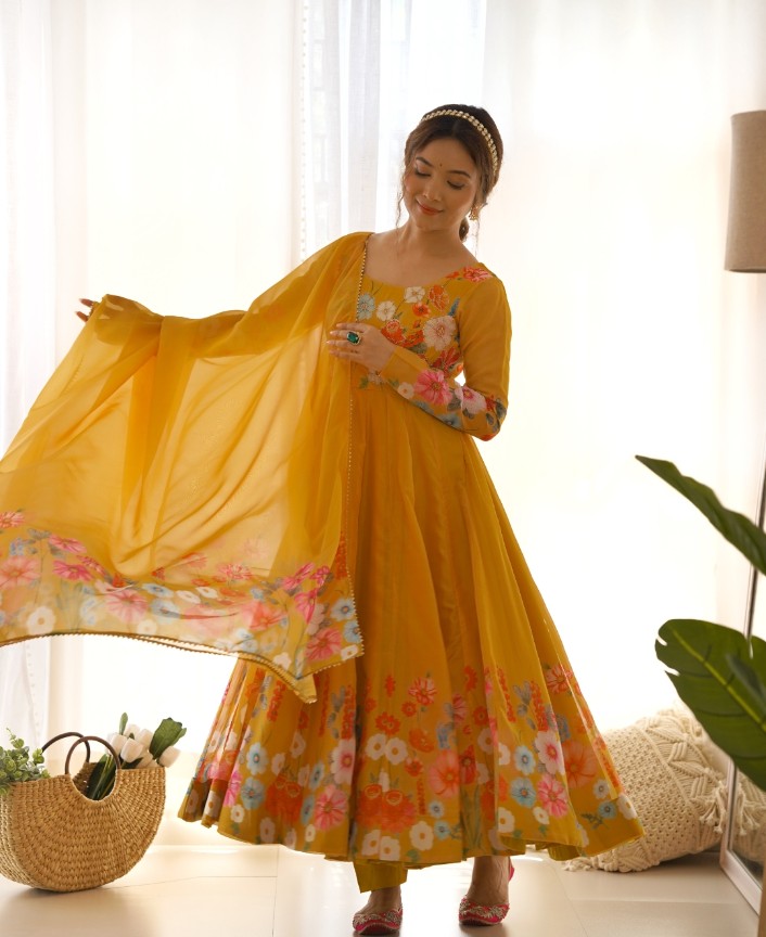 Breathtaking Organza Silk Floral Printed Designer Anarkali Pant Suit