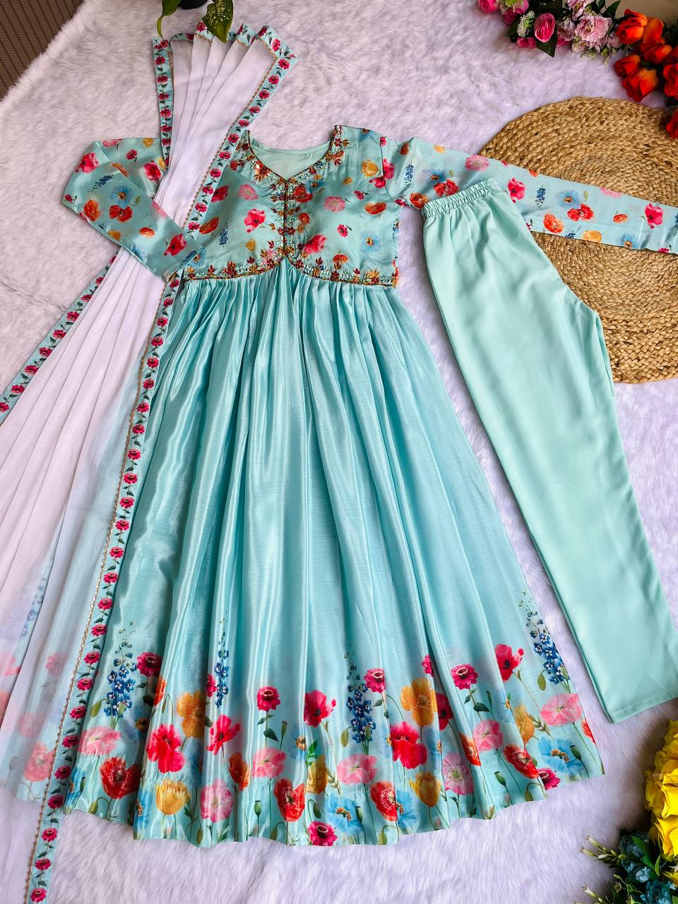 Ravishing Sky Blue Soft Chinon Floral Printed Handworked Anarkali Pant Suit