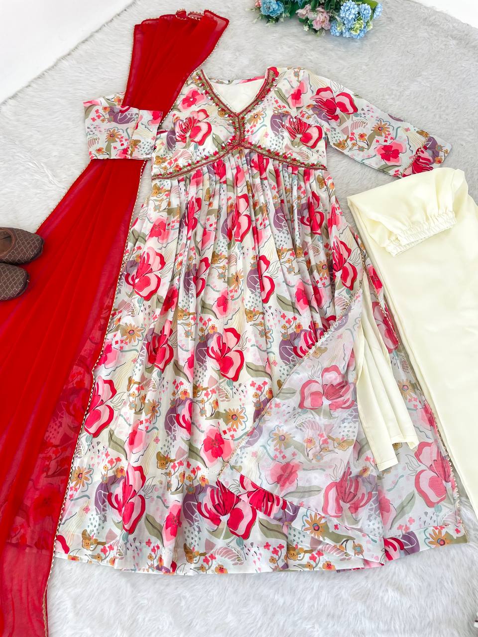 Graceful Soft Chinon Floral Printed Handworked Festive Wear Suit