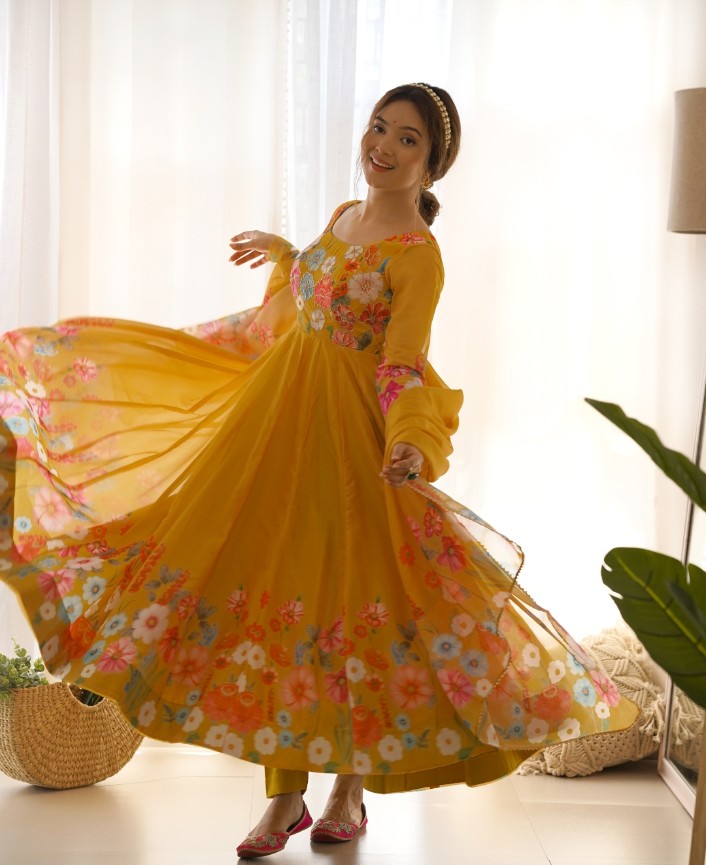 Breathtaking Organza Silk Floral Printed Designer Anarkali Pant Suit