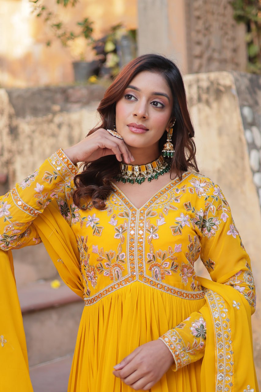 Magnificent Faux Georgette Zari Sequins Embroidered Gown With Dupatta