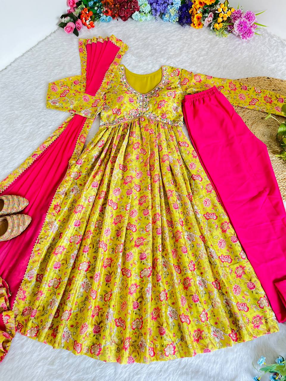 Hypnotic Yellow Soft Chinon Floral Printed Handworked Anarkali Pant Suit