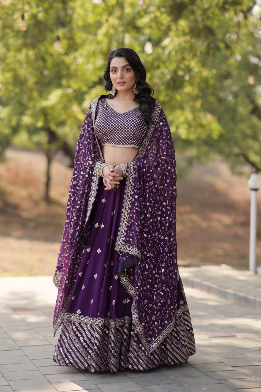 Ravishing Purple Faux Georgette Wedding Wear Lehenga Choli