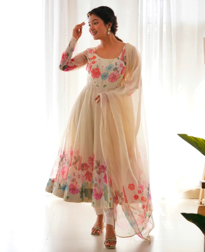 Breathtaking Organza Silk Floral Printed Designer Anarkali Pant Suit