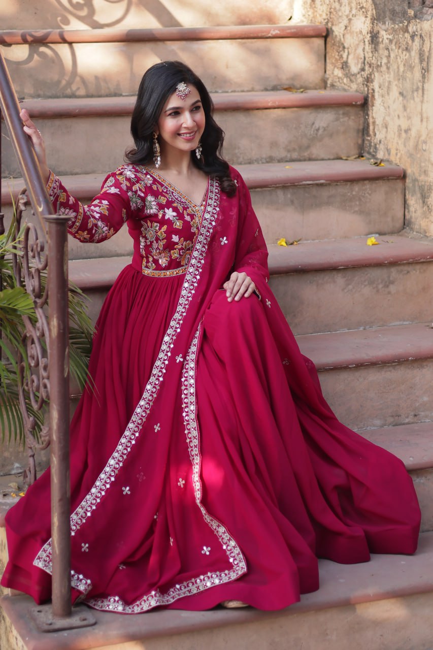 Magnificent Faux Georgette Zari Sequins Embroidered Gown With Dupatta