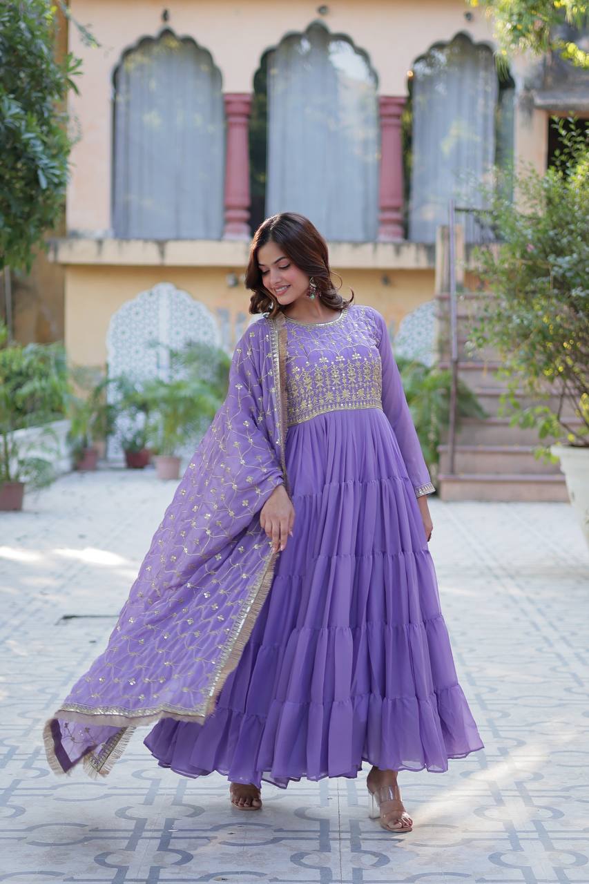 Spellbinding Georgette Ruffle Sequins Embroidered Gown With Dupatta