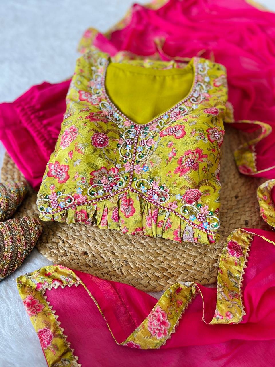 Hypnotic Yellow Soft Chinon Floral Printed Handworked Anarkali Pant Suit