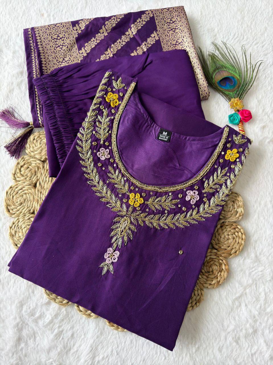 Radiant Purple Roman Silk Handworked Kurta Pant Dupatta Set