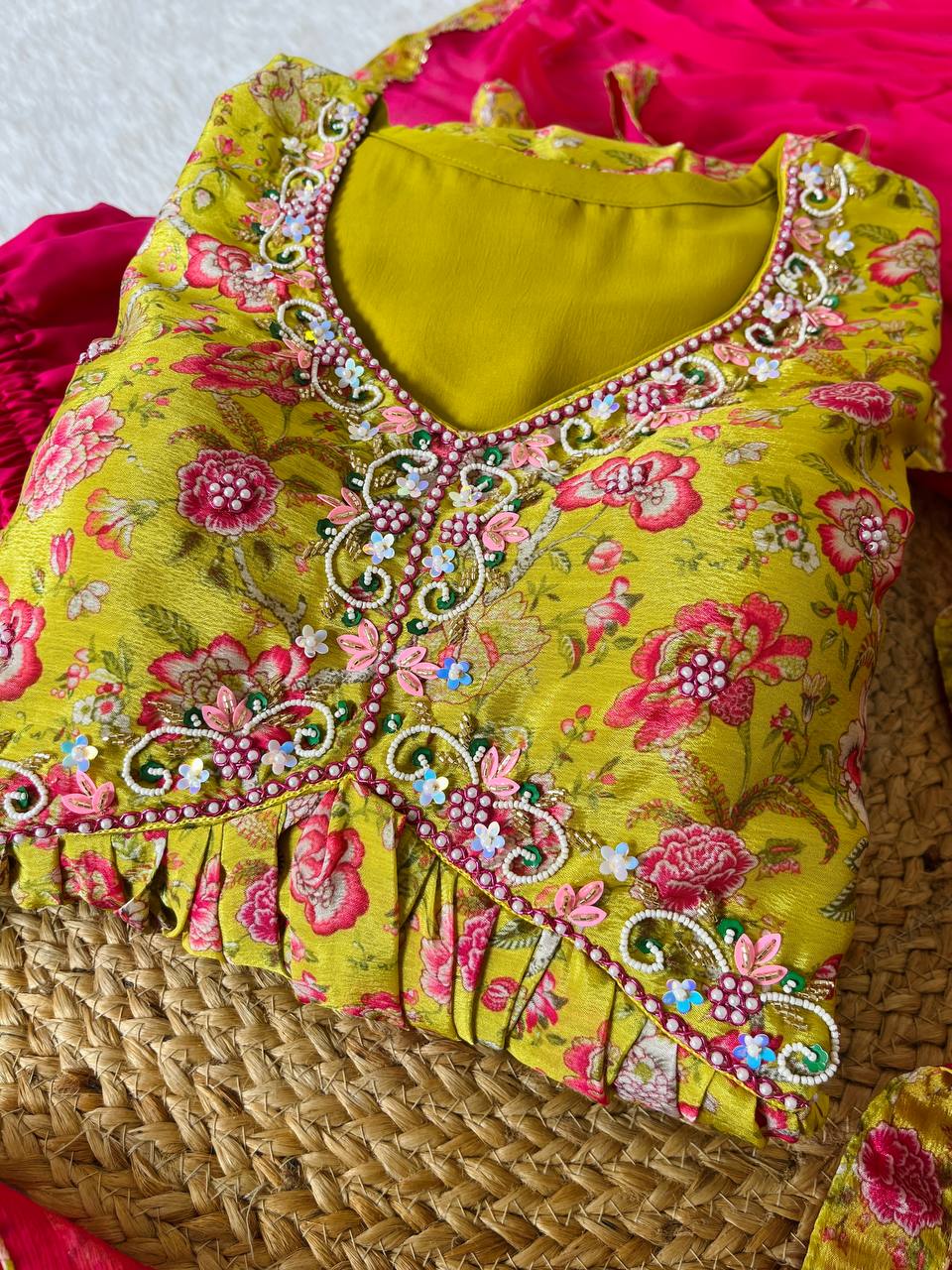 Hypnotic Yellow Soft Chinon Floral Printed Handworked Anarkali Pant Suit