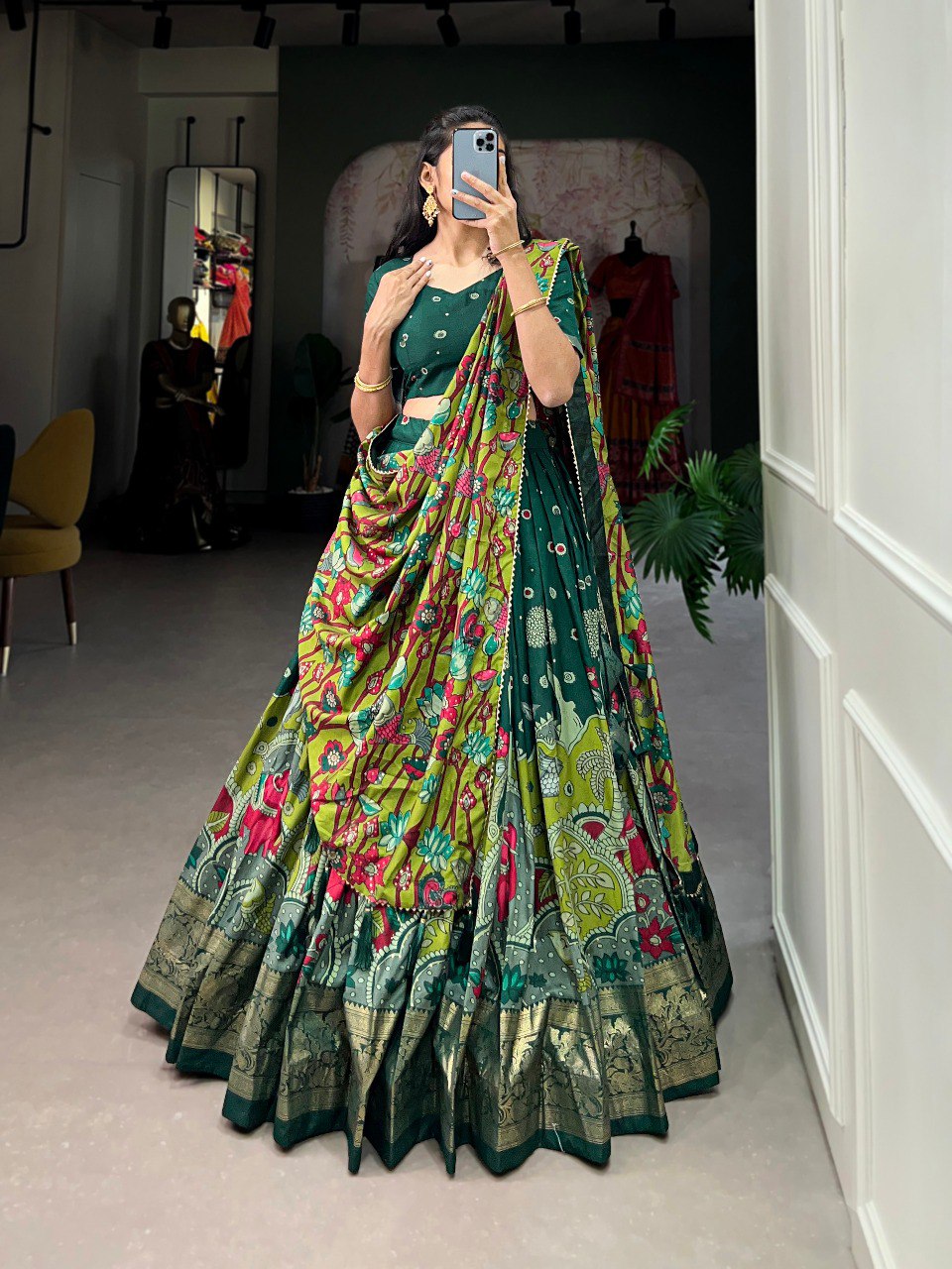 Stunning Tussar Silk Kalamkari Printed Foil Worked Lehenga Choli