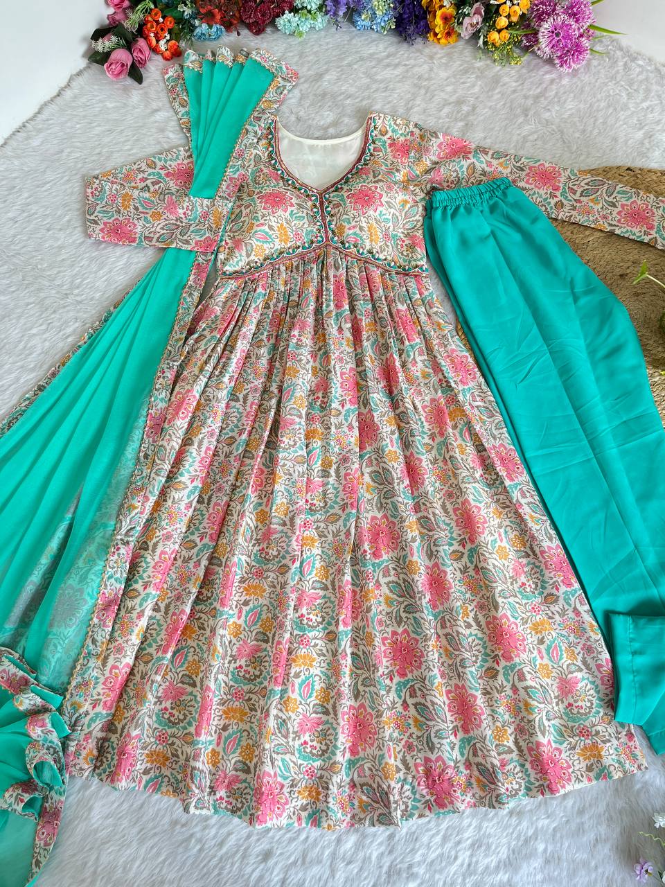 Lovely Soft Chinon Floral Printed Handworked Festival Wear Anarkali Pant Suit
