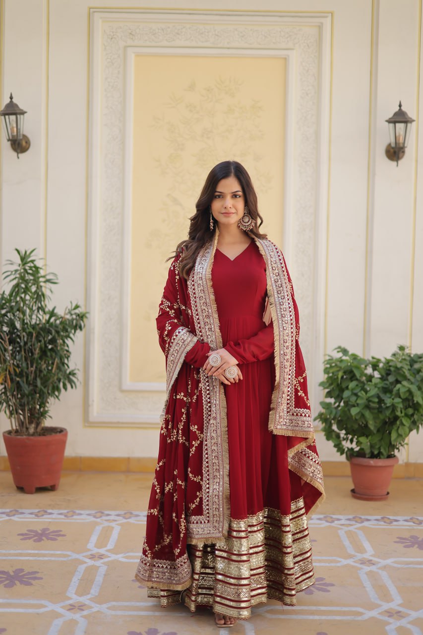 Majestic Maroon Faux Georgette Sequins Embroidered Designer Gown