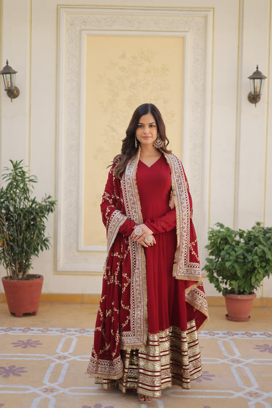 Majestic Maroon Faux Georgette Sequins Embroidered Designer Gown