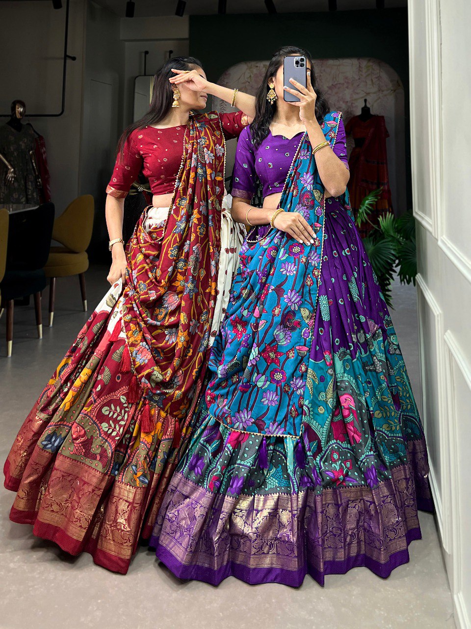 Stunning Tussar Silk Kalamkari Printed Foil Worked Lehenga Choli