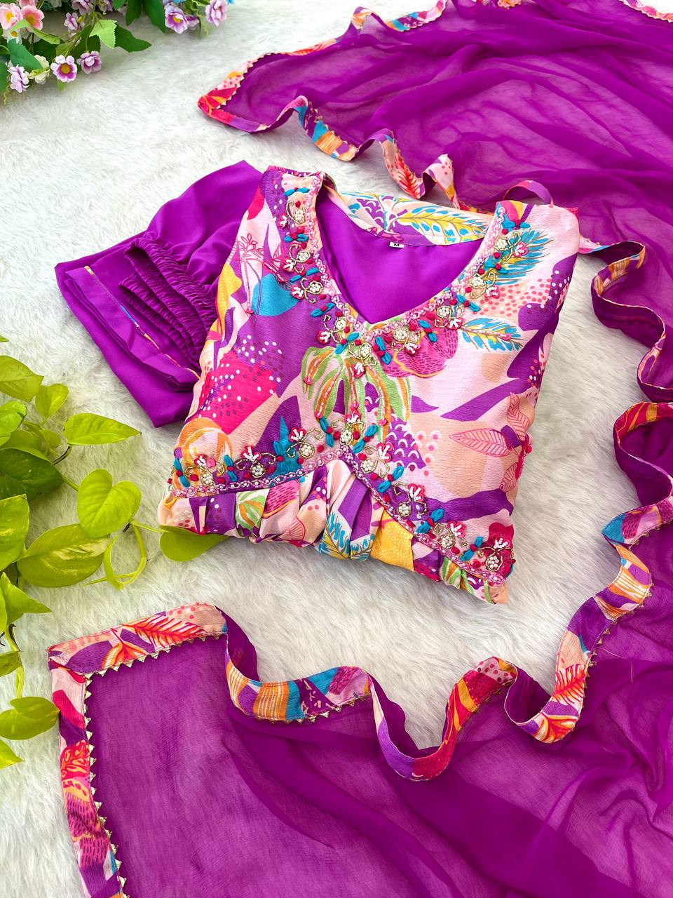 Spellbinding Soft Chinon Floral Printed Handworked Anarkali Pant Suit