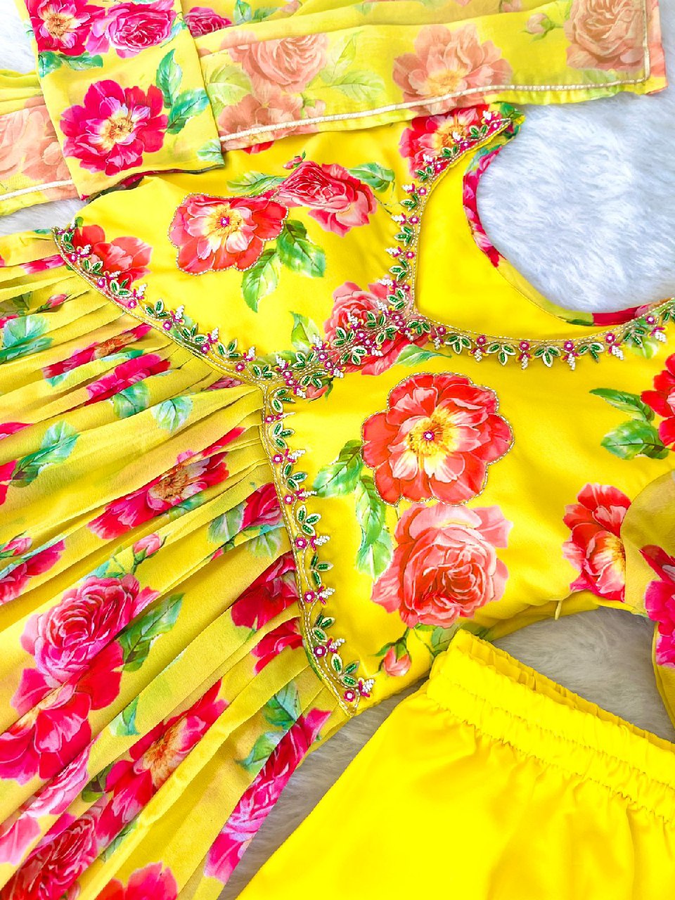 Spellbinding Yellow Faux Georgette Floral Handworked Anarkali Pant Suit