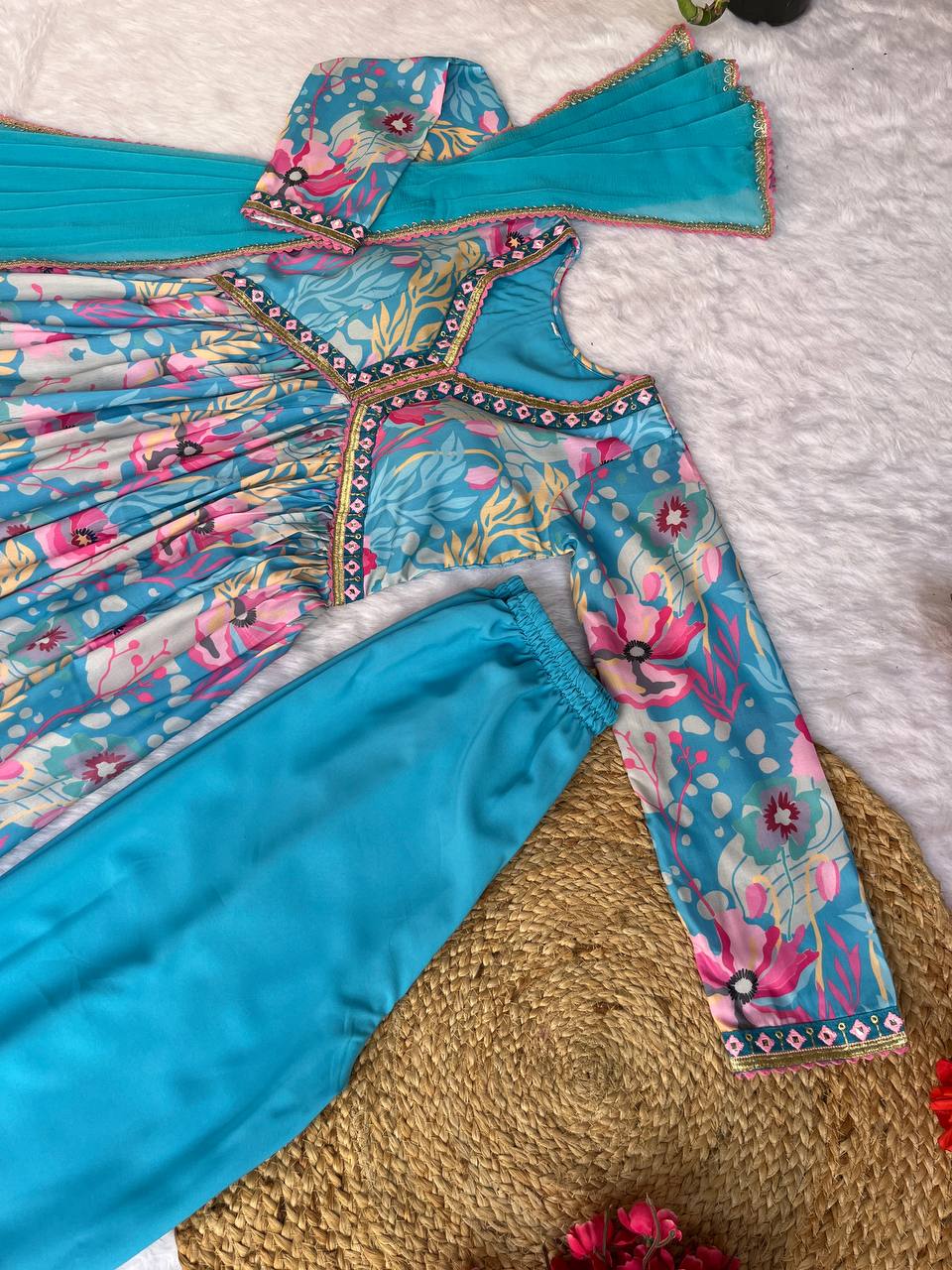 Spectacular Soft Cotton Printed Handworked Anarkali Pant Suit