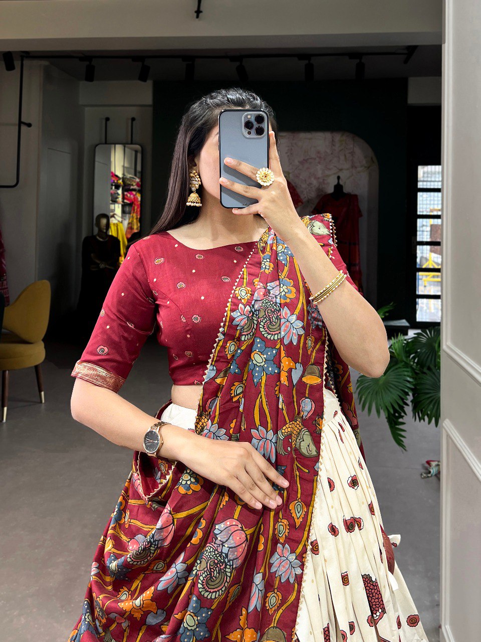 Stunning Tussar Silk Kalamkari Printed Foil Worked Lehenga Choli