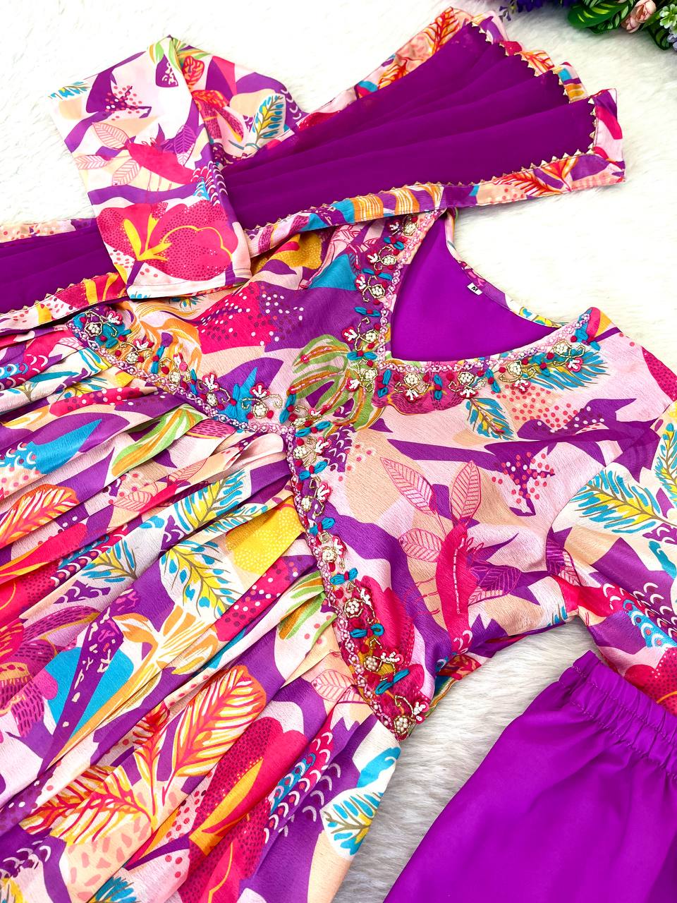 Spellbinding Soft Chinon Floral Printed Handworked Anarkali Pant Suit