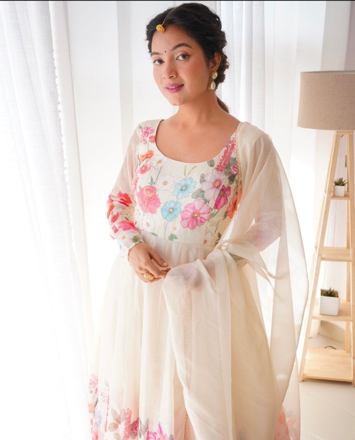 Breathtaking Organza Silk Floral Printed Designer Anarkali Pant Suit