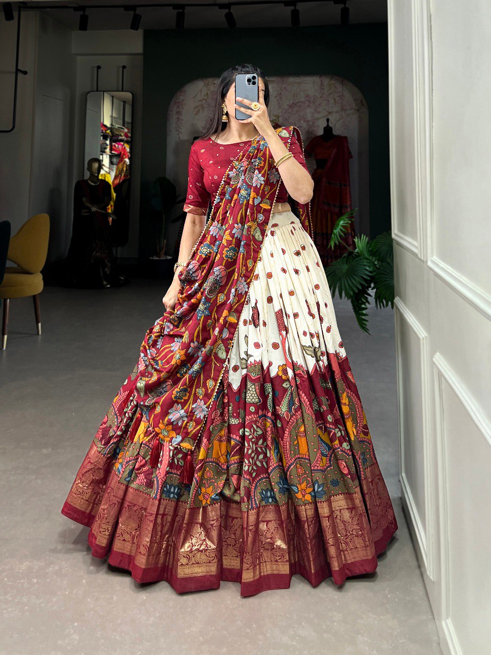 Stunning Tussar Silk Kalamkari Printed Foil Worked Lehenga Choli