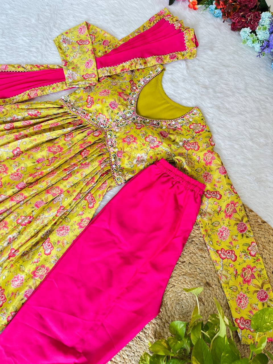 Hypnotic Yellow Soft Chinon Floral Printed Handworked Anarkali Pant Suit