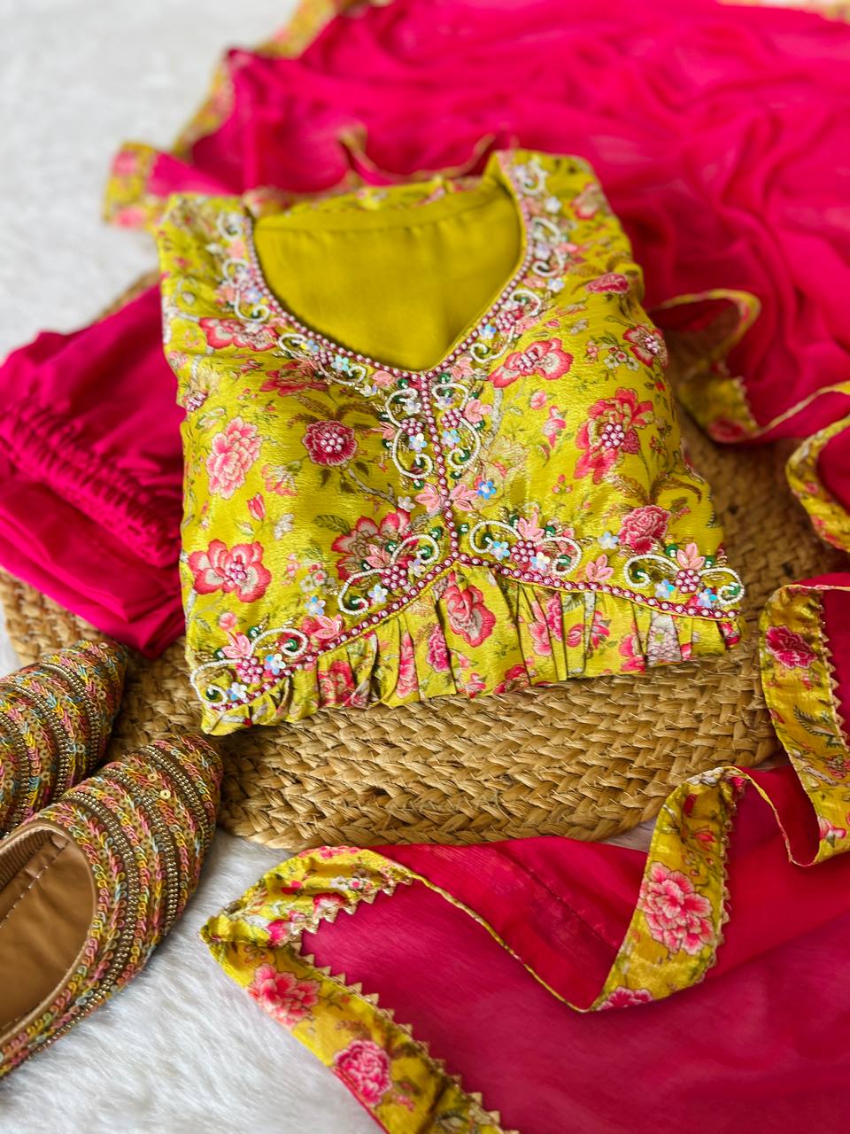 Hypnotic Yellow Soft Chinon Floral Printed Handworked Anarkali Pant Suit