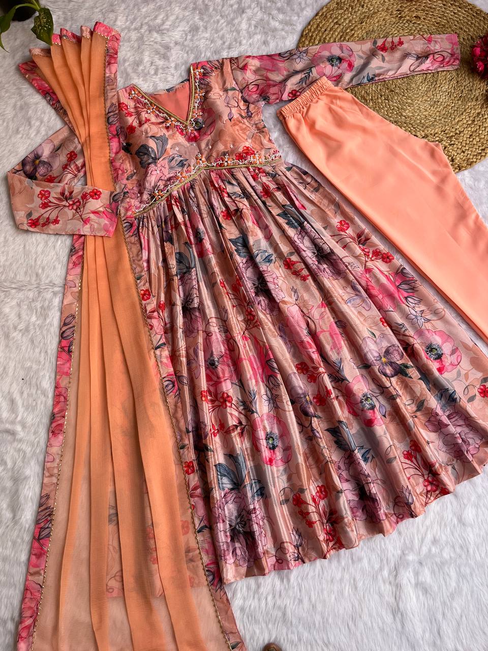 Mesmerizing Chinon Alia Cut Handworked Anarkali Pant Suit