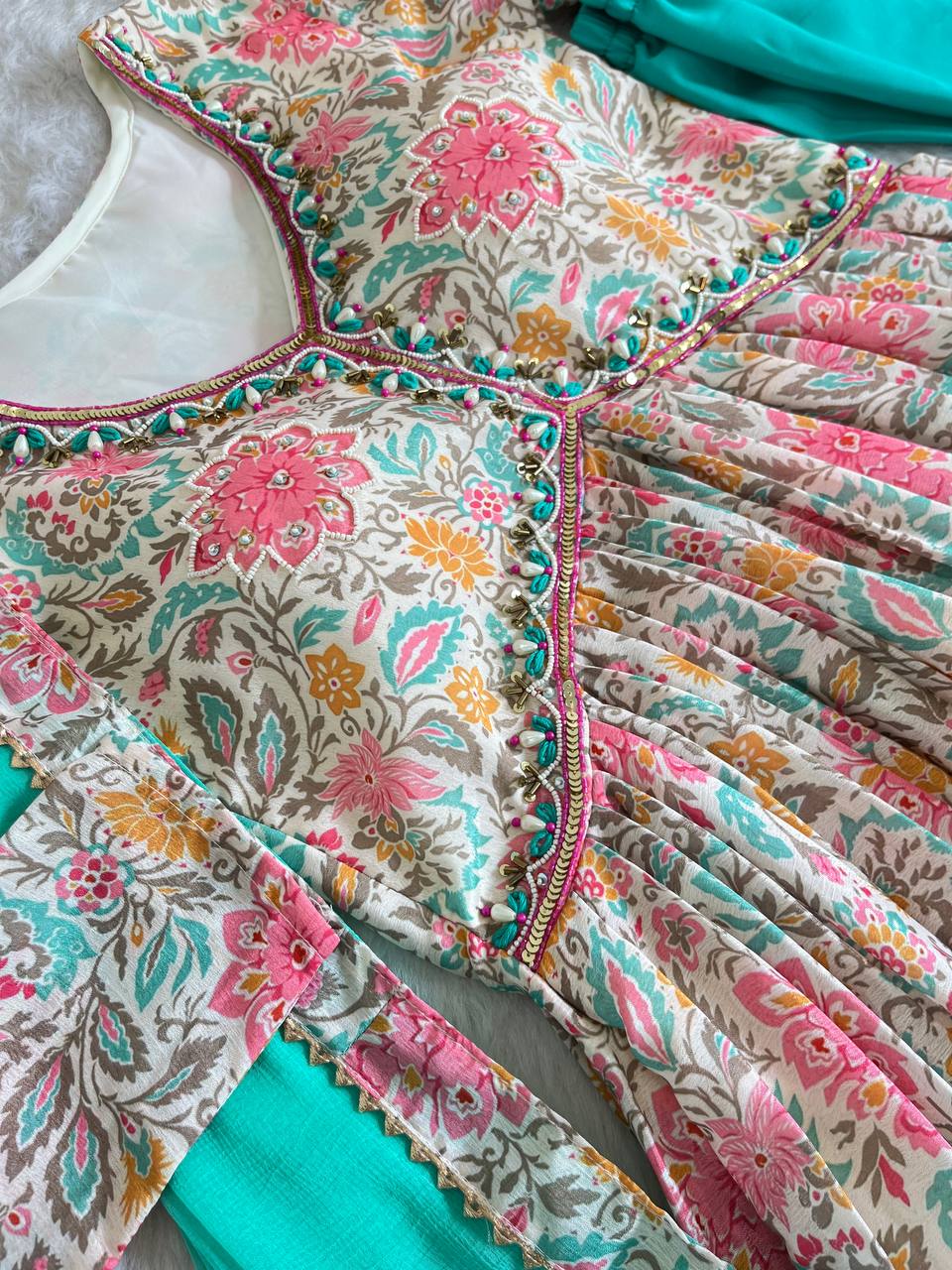 Lovely Soft Chinon Floral Printed Handworked Festival Wear Anarkali Pant Suit