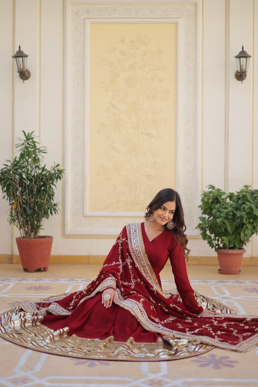 Majestic Maroon Faux Georgette Sequins Embroidered Designer Gown