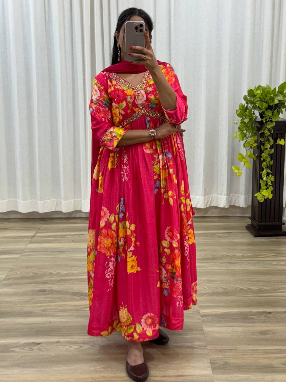 Graceful Pink Floral Printed Handworked Anarkali Pant Suit