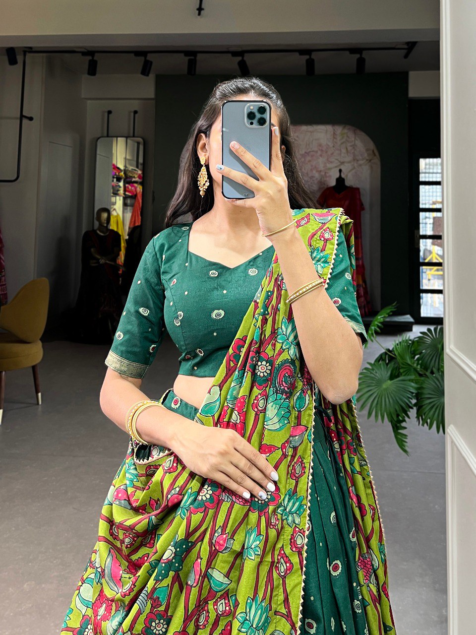Stunning Tussar Silk Kalamkari Printed Foil Worked Lehenga Choli
