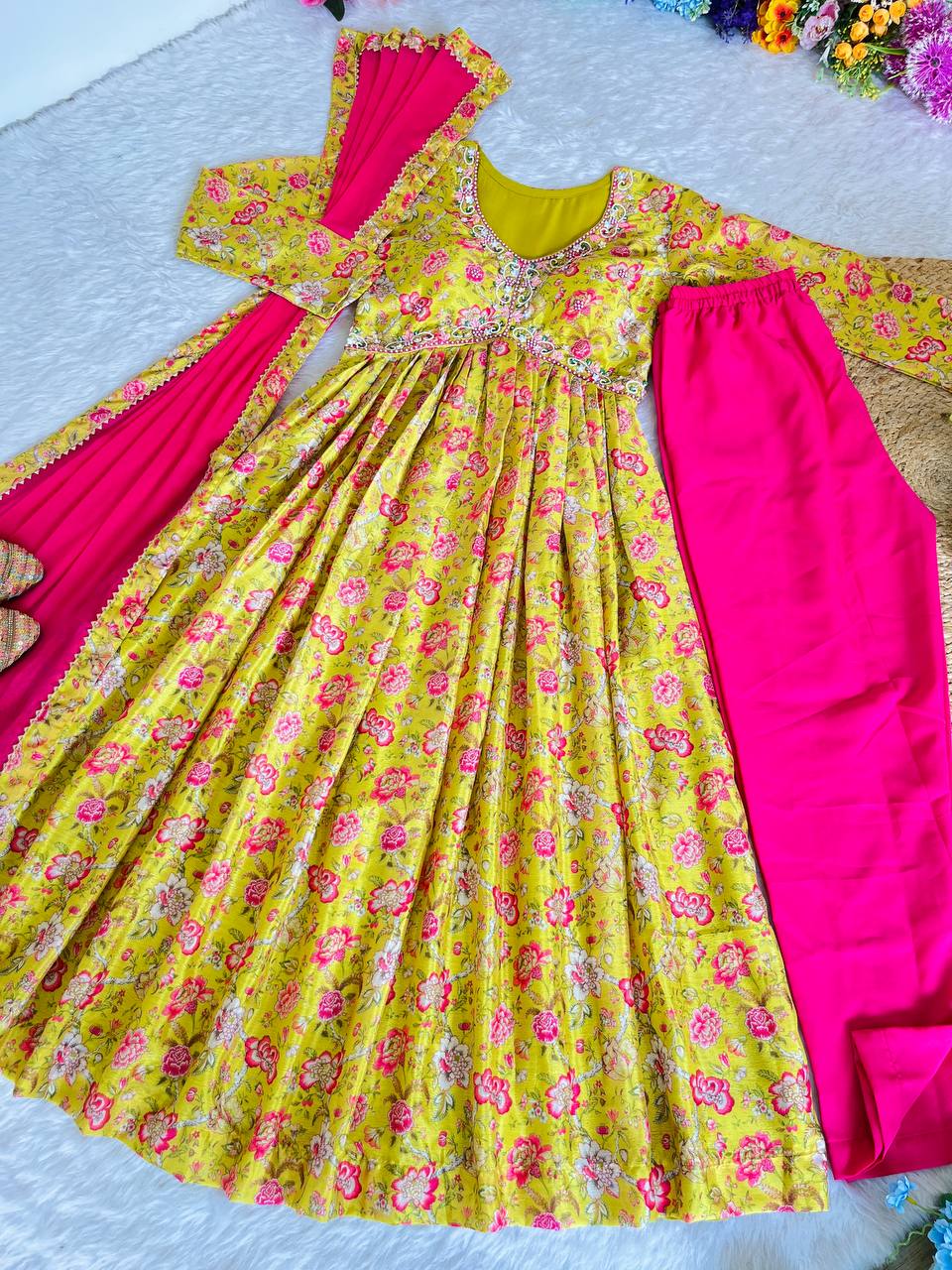 Hypnotic Yellow Soft Chinon Floral Printed Handworked Anarkali Pant Suit