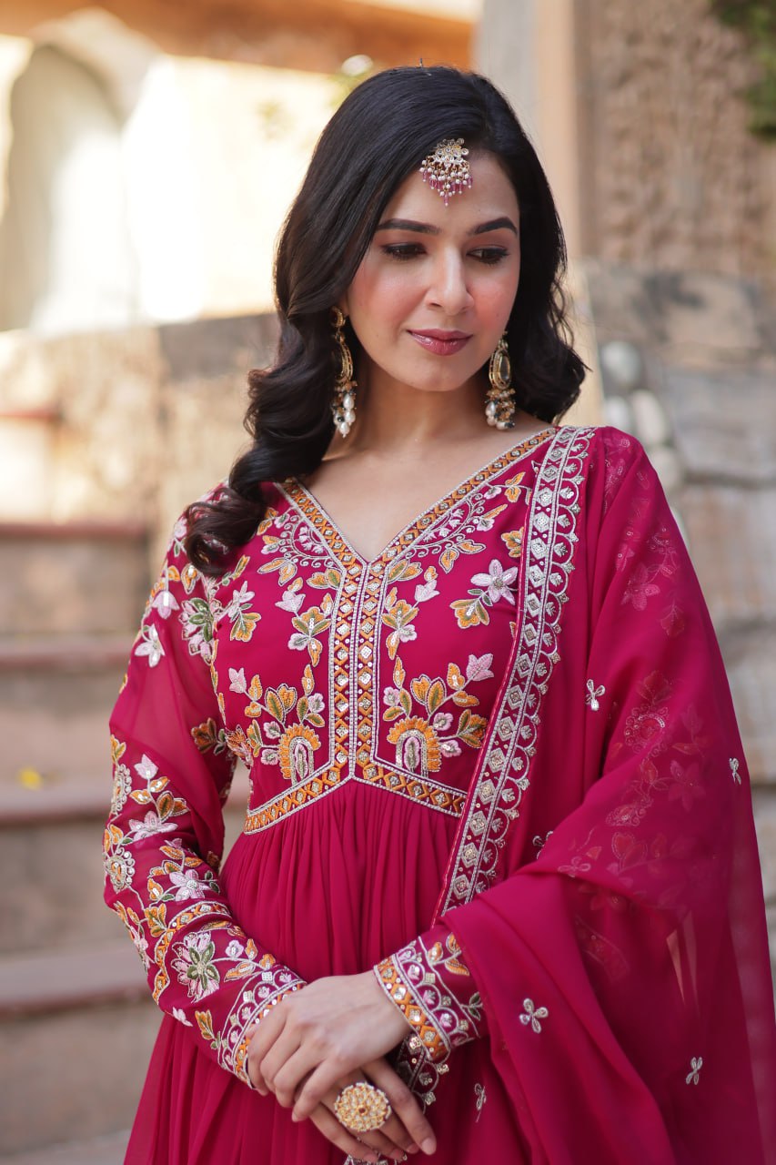 Magnificent Faux Georgette Zari Sequins Embroidered Gown With Dupatta