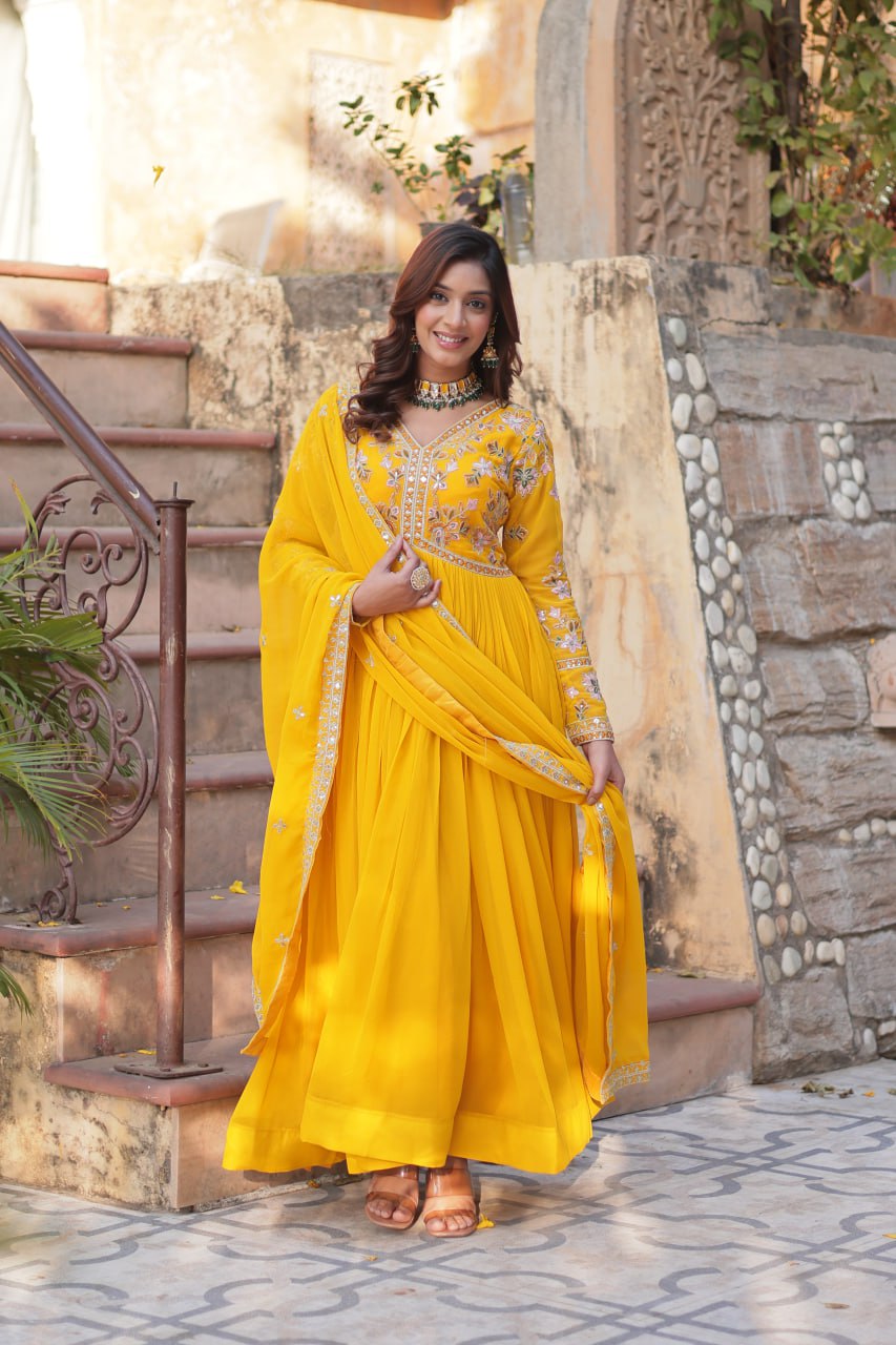 Magnificent Faux Georgette Zari Sequins Embroidered Gown With Dupatta