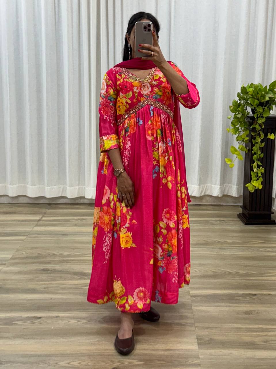 Graceful Pink Floral Printed Handworked Anarkali Pant Suit
