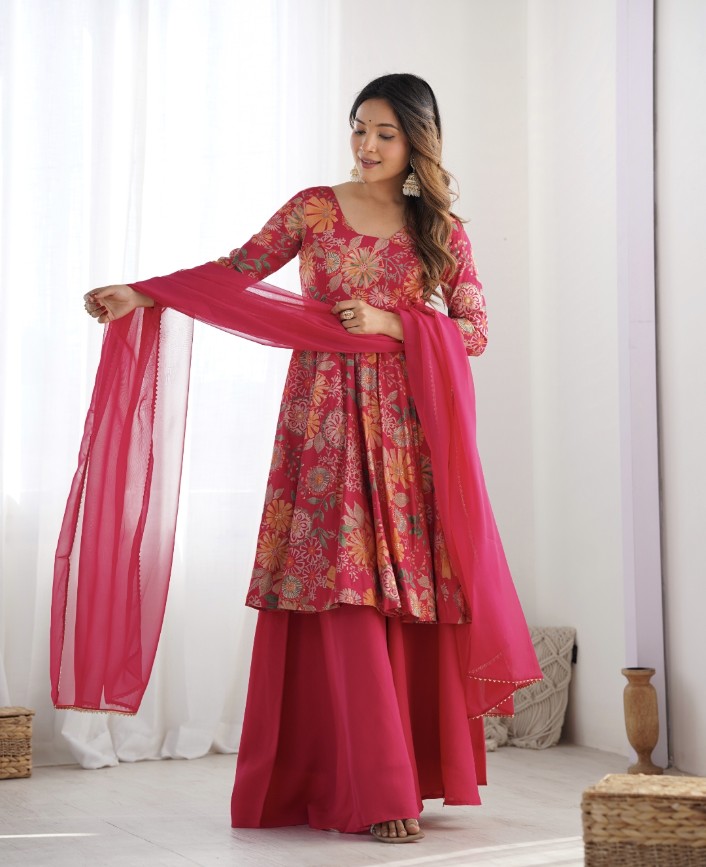 Exquisite Pure Soft Roman Silk Kediya Kurta Palazzo Set