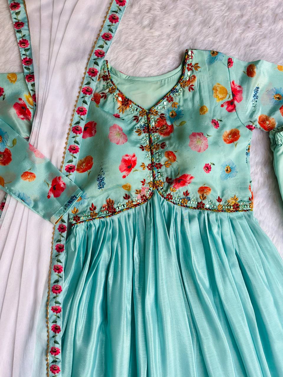 Ravishing Sky Blue Soft Chinon Floral Printed Handworked Anarkali Pant Suit