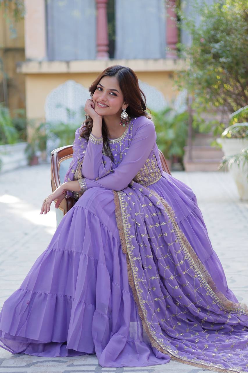 Spellbinding Georgette Ruffle Sequins Embroidered Gown With Dupatta