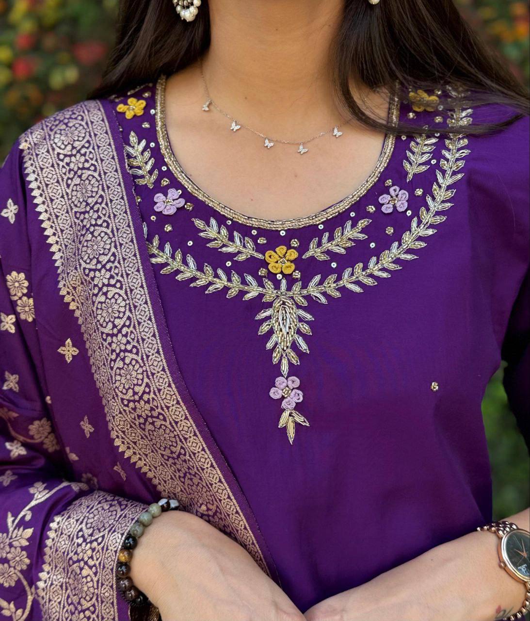 Radiant Purple Roman Silk Handworked Kurta Pant Dupatta Set