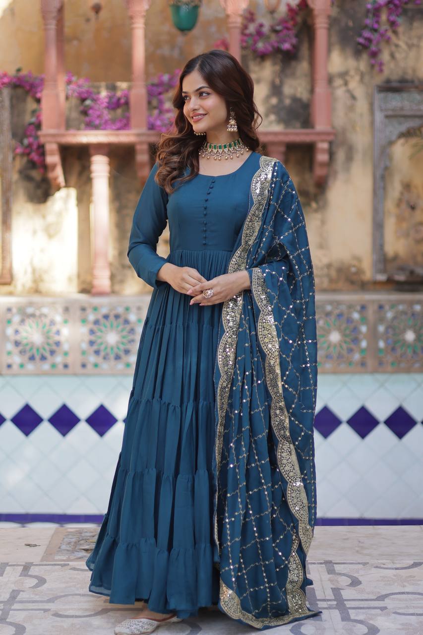 Sttuning 15 Mtr Flared Georgette Stitched Designer Ruffle Gown