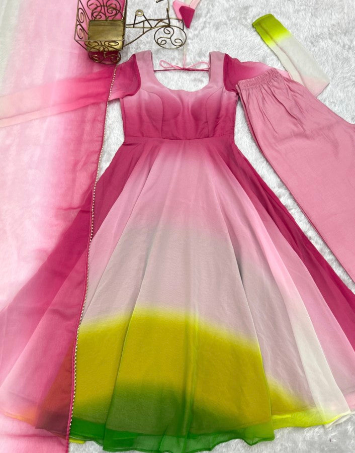 Spectacular Shaded Digital Printed Faux Georgette Anarkali Pant Suit