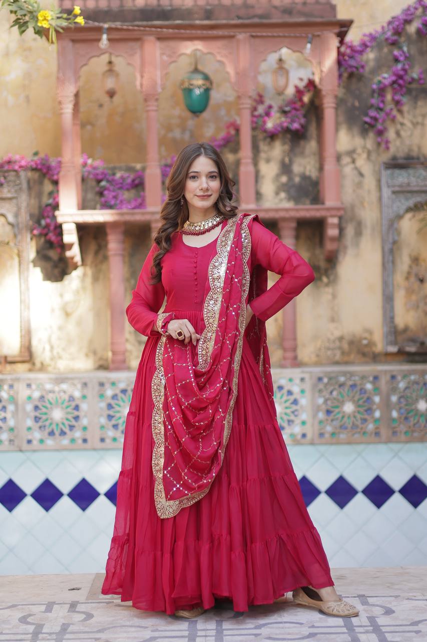 Sttuning 15 Mtr Flared Georgette Stitched Designer Ruffle Gown