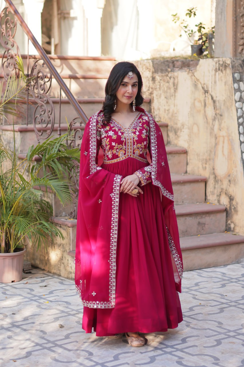 Magnificent Faux Georgette Zari Sequins Embroidered Gown With Dupatta