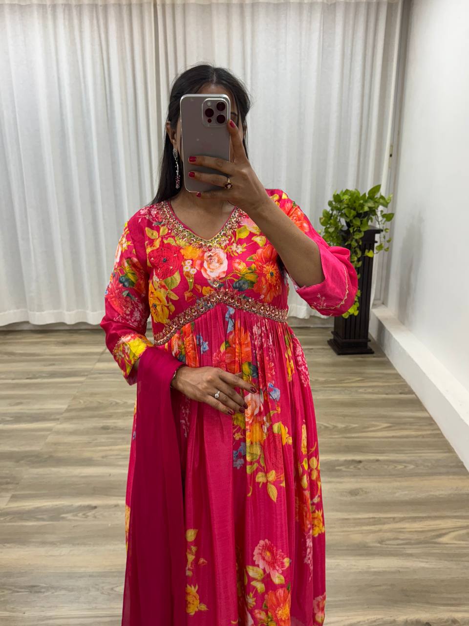 Graceful Pink Floral Printed Handworked Anarkali Pant Suit