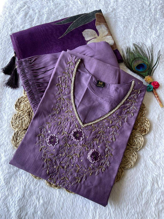 Ravishing Light Purple Roman Silk Handworked Kurta Pant Dupatta Set