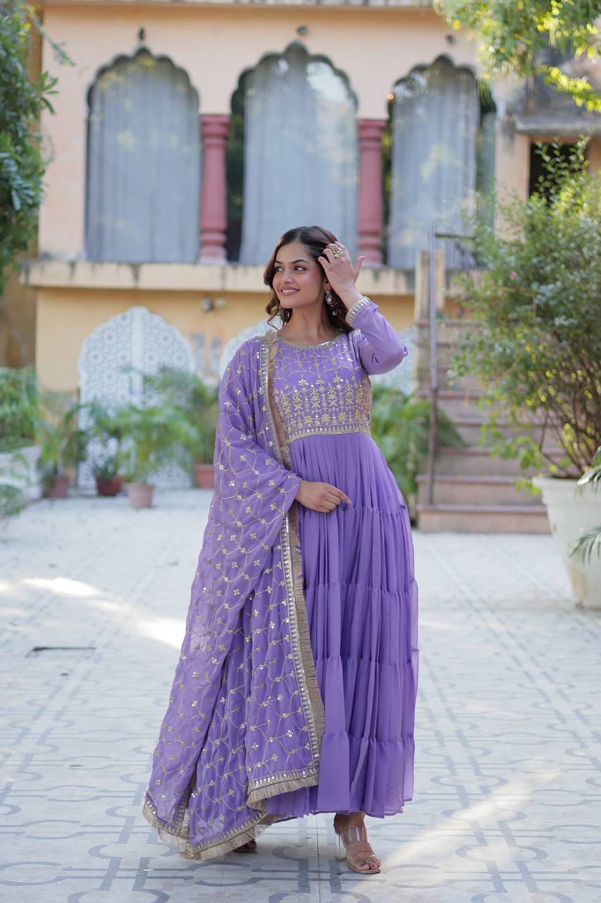 Spellbinding Georgette Ruffle Sequins Embroidered Gown With Dupatta