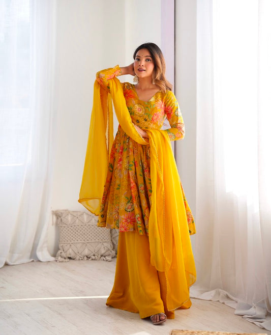 Amazing Yellow Pure Soft Faux Georgette Fully Stitched Lehenga Choli Set
