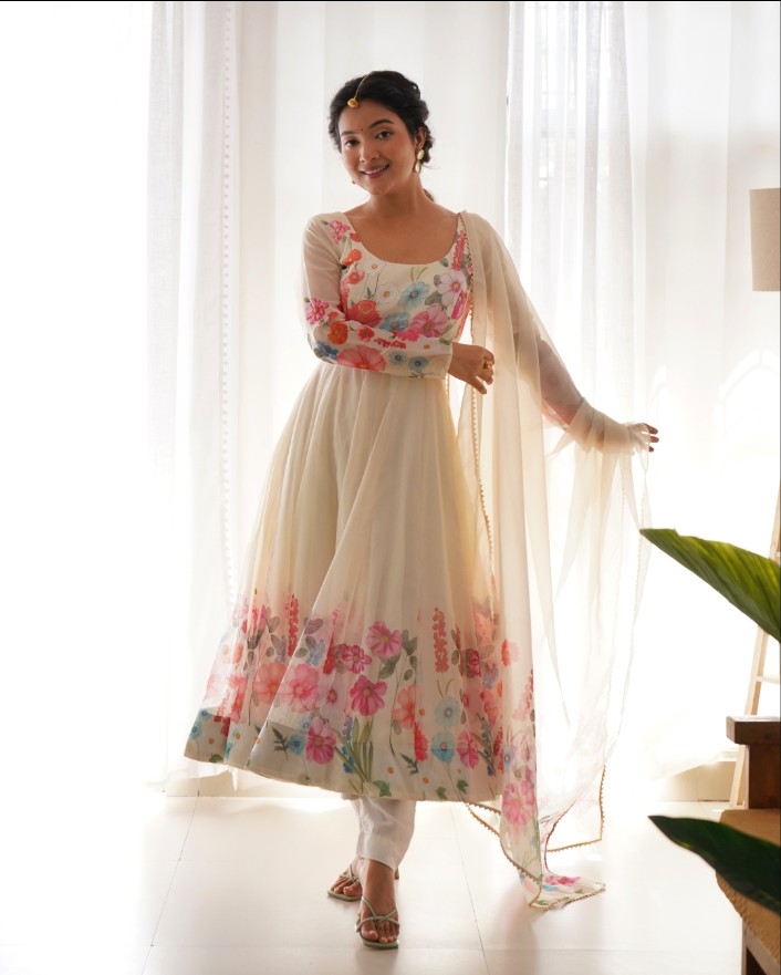 Breathtaking Organza Silk Floral Printed Designer Anarkali Pant Suit